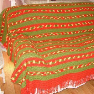 Vintage, Hand Crocheted Green and Burnt Orange Afghan Bedspread, Queen/Lg. Twin